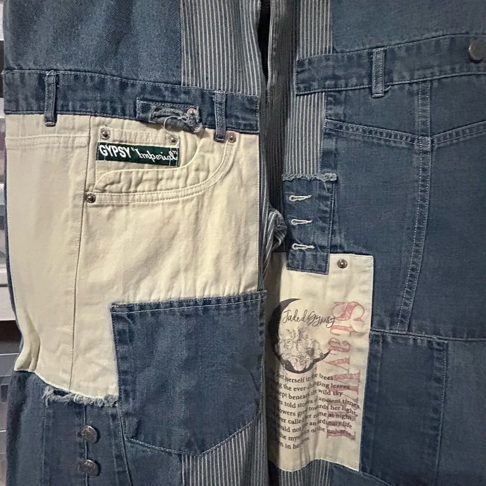 Jaded Gypsy Women's Relaxed Patchwork Denim Jeans in Blue with Cream Accents - Picture 2 of 9